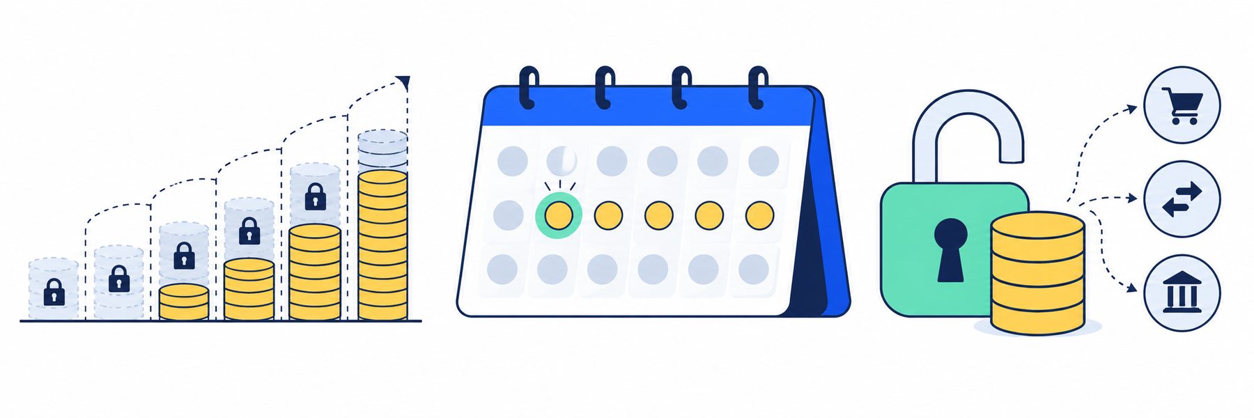 Vesting e desbloqueios → Observe o mecanismo → Confira os limites